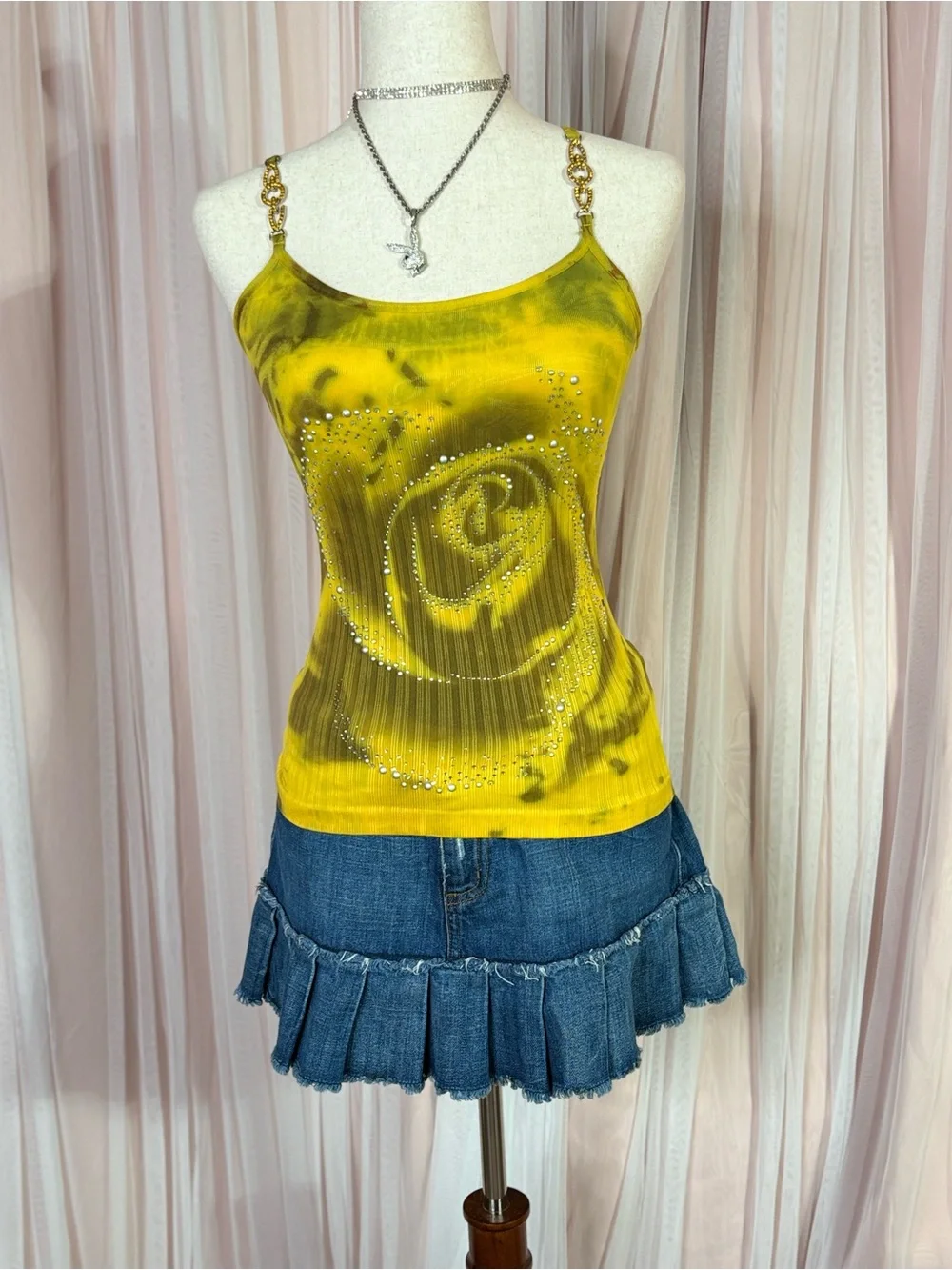 Yellow Rose-Print Chain-Strap Rhinestone Tank Top - Picture 4 of 10